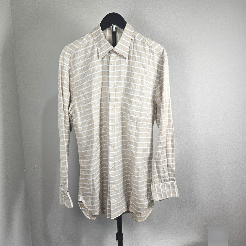 Peter Millar Button Down Men Medium Tan White Grid Long Sleeve Preppy Classic